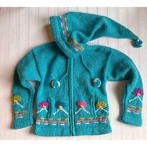 Kids Turquoise Floral Zip Up Sweater pointed Hood Pom Pom Turquoise